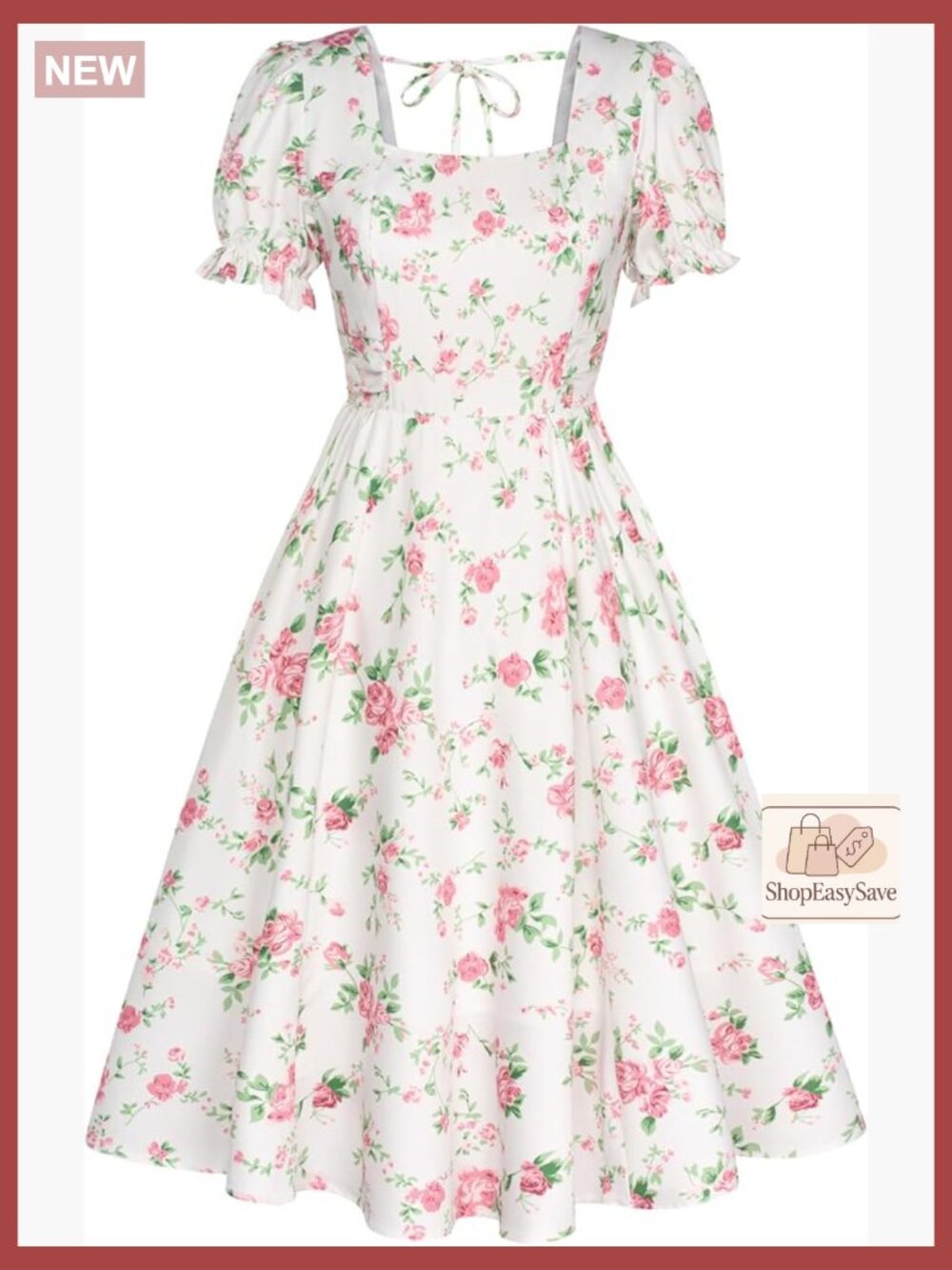 Vintage Square Neck Midi Dress Puff Sleeves Ruched Waist Elegant Cocktail